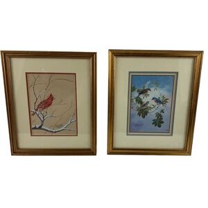 Bernard Martin Bird Prints x2 Cardinal Bluebird Gold Frames 8x10 Vintage Signed